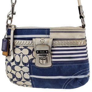 COACH 47586 Poppy Blue Patchwork Swingpack Metallic Silver Leather Trim